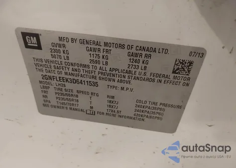 2013 Chevrolet Equinox 1Lt из США, поврежденный, VIN 2GNFLEEK3D6411535